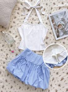 SHEIN Conjunto de ropa de 2 piezas para adolescentes de primavera y verano con estilo "Clean Girl" que incluye top de tirantes de punto blanco + falda corta acampanada a rayas - Azul y blanco - Ver 1