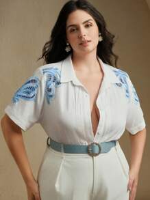 Anewsta Plus Size Women Elegant Commuter Linen Woven Hollow Embroidered Striped Turndown Collar Short Sleeve Blouse - White - View 1