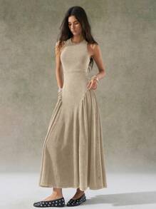 LYSMO 2025 New Arrival Women Summer Khaki Distressed Wash Racerback Long Dress