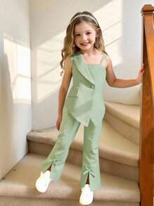 Elladie kids 女童无袖不对称下摆上衣，单肩带设计，喇叭裤，蝴蝶结装饰，绿色夏季幼儿休闲装 - 綠色 - 查看 1