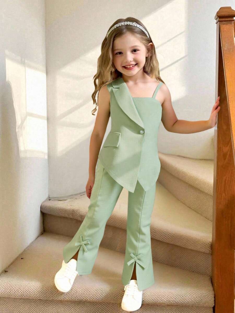 Elladie kids 女童无袖不对称下摆上衣,单肩带设计,喇叭裤,蝴蝶结装饰,绿色夏季幼儿休闲装 - 綠色 - 查看 1