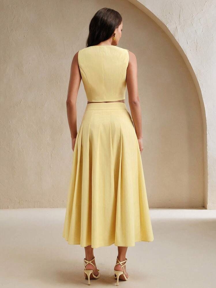 Anewsta Women Elegant 3D Flower Decor Camisole Top And Skirt 2 Pieces Set, Summer - Yellow - View 2