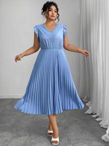 Elenzga Plus Size Women Woven Ruffle Splicing V-Neck Waist Pleated Dress, Elegant Blue, Spring & Summer - Blue - View 4