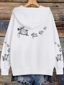 SHEIN EZwear Sudadera con capucha casual y minimalista con estampado de tortuga marina para vacaciones, para mujer - Multicolor - Ver 2