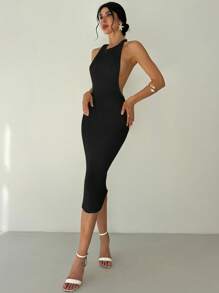 Firerie 波西米亚风女式露背修身奶油色纯色针织毛衣裙，优雅性感度假太阳裙