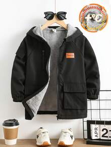 SHEIN 小男孩休閒寬鬆連帽填充外套防風衣，純黑色冬季職業日外套，小男孩保暖內裡連帽夾克，適合學校運動 - 黑色 - 查看 3