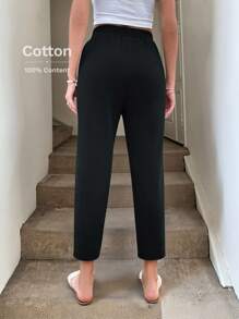 SHEIN LUNE Damesbroek met trekkoord in de taille en zakken, gemaakt van katoen, ideaal voor vrije tijd en vakantie in de zomer Zwarte broek voor dames Shein Tall Pants