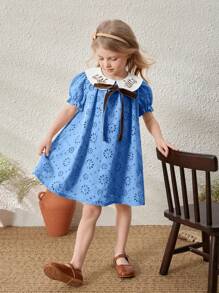 Blossori Young Girls' French Elegant Apricot Collar Embroidered Puff Sleeve Dress, Spring/Summer - Blue - View 5