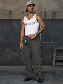 AXEPEAK Áo ba lỗ rộng rãi cổ tròn họa tiết chữ mùa hè cho nam - trắng - Xem 4