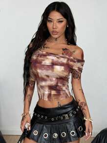 Coolane 女式秋季文艺复兴博览会狂欢街头服饰 Y2K 西部风情弹力棕色露肩扎染图案短袖上衣 - 咖啡棕 - 查看 3