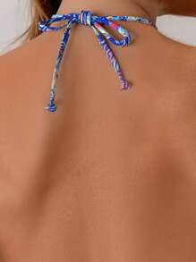 Swim SXY 女士随机热带植物印花露背性感三角比基尼上衣，海滩度假 - 彩色 - 查看 5