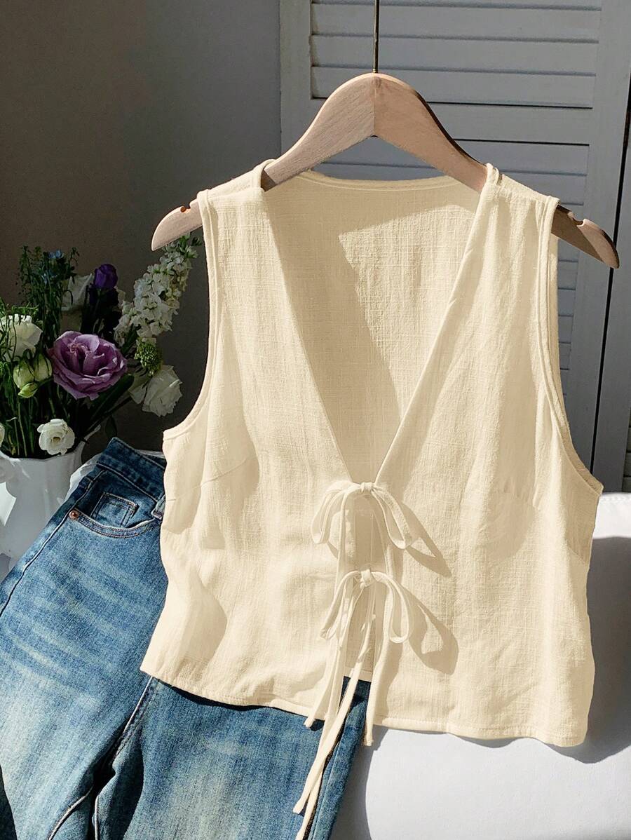 Comfortcana Áo cánh không tay buộc trước đơn giản cho nữ - Màu be - Xem 1