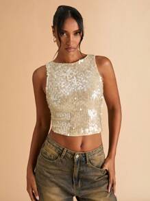 SHEIN BAE Women's Solid Color Sequin Cropped Fitted Glam Camisole - Apricot - View 6