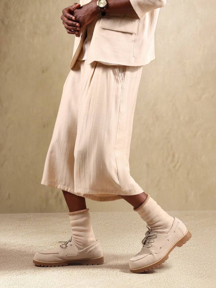 루즈핏 플리츠 리넨 와이드 레그 남성 정장 바지