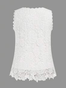 SHEIN Clasi Áo ba lỗ cổ vuông không tay viền ren trắng vừa vặn cỡ lớn - trắng - Xem 2