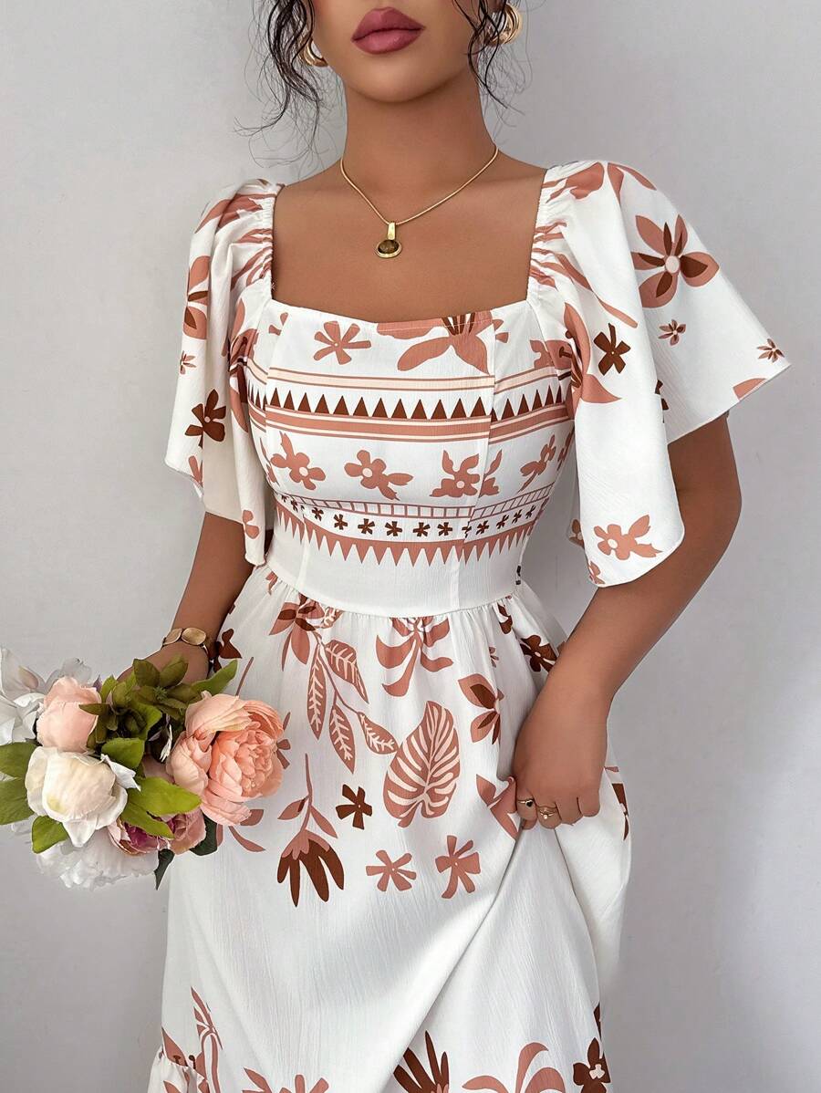 Modelyn Đầm midi tay ngắn in kỹ thuật số cạp chun eo cho nữ - Nhiều màu - Xem 1