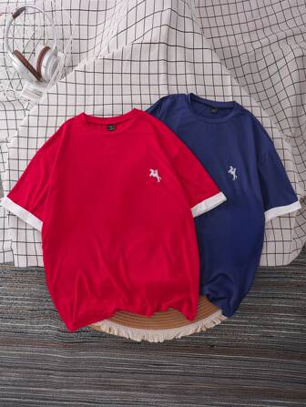 Camisetas casuales de verano de 2 piezas, camiseta de manga corta holgada con bordado y detalles de dobladillo en contraste para hombres