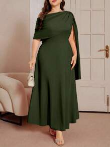 DreamSkyne 加大码纯色不对称领优雅腰部喇叭下摆夏季连衣裙