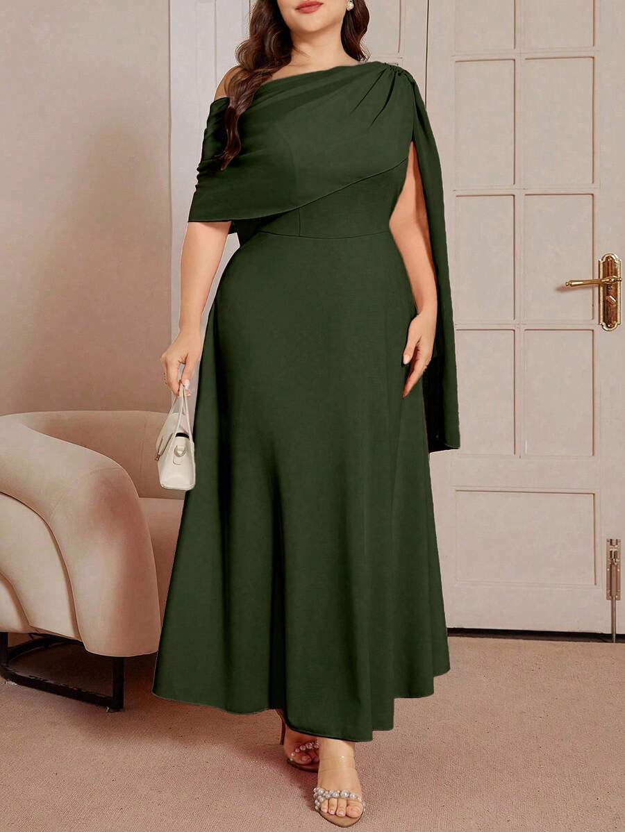 DreamSkyne 加大码纯色不对称领优雅腰部喇叭下摆夏季连衣裙