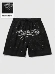 ROMWE MEN Street Life Men's Black Casual Shorts With Street Chic American Style Sparkling Letter Printed - Black - View 1