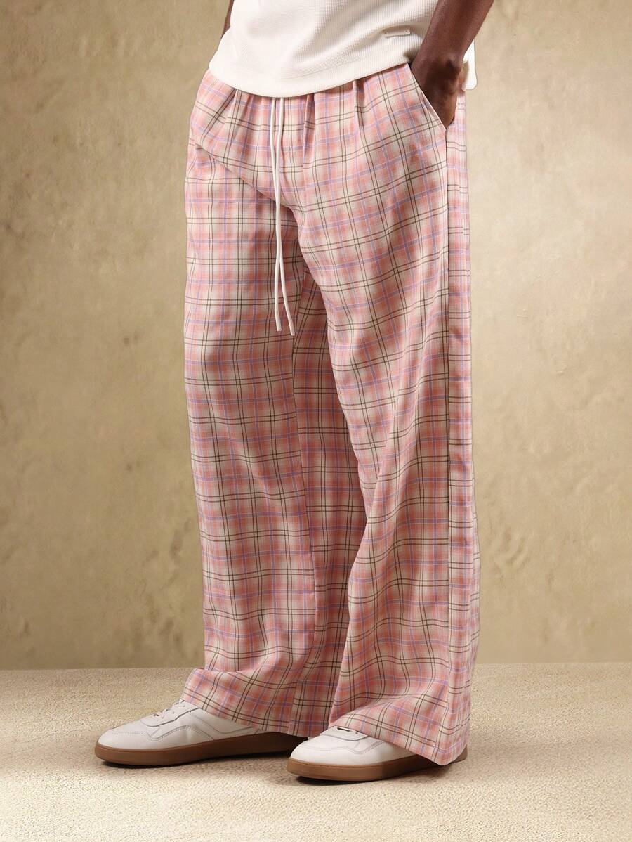 SUMWON Loose Fit Pull On Check Pants Casual Drawstring Trousers Wide Leg Loungewear Plaid Pattern Lightweight Spring Summer Comfort Bottoms - Pink - View 1