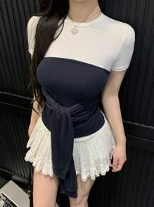 DAZY 女式夏季设计撞色拼接二合一系带短袖修身T恤，适合休闲街头穿着 - 彩色 - 查看 7