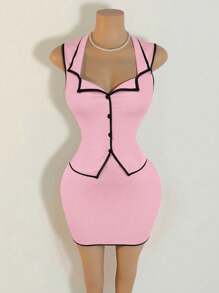 BamGleam 2 件优雅套装：撞色饰边露背无袖上衣和裙子