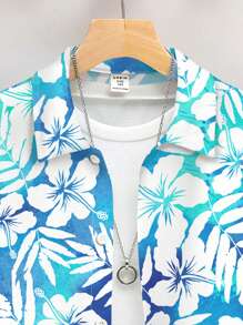 SHEIN Leap Crew Teen Boys' Holiday Tropical Plant Print Single Breasted Short Sleeve Shirt, Suitable For Summer - Multicolor - View 3