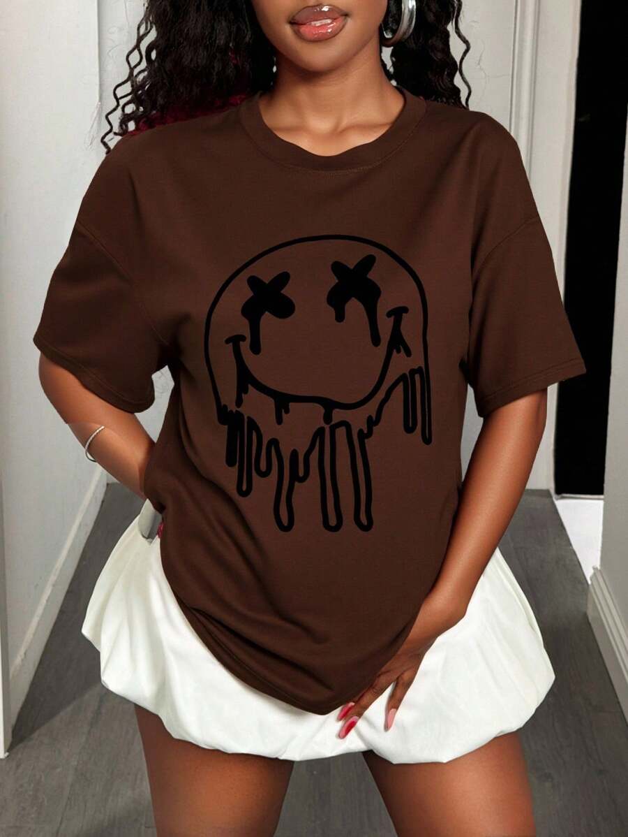 BamGleam Loose Fit Oversized Smile Face Printed Short Sleeve T-Shirt For Women, Summer Graphic Tees Women Tops