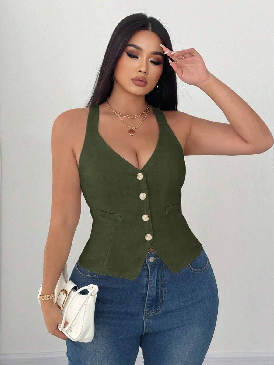 Elenzga Blusa de unicolor con tirantes para estilizar la cintura para mujeres de talla grande - Verde militar - Ver 1