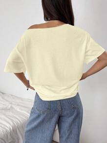 SHEIN Unity Áo thun nữ hở vai tay ngắn họa tiết hoa - Màu vàng - Xem 2