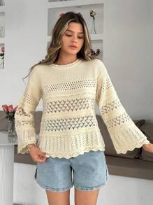 EURMUSE Pulover croșetat pentru femei, culoare uni, cu decupaj, guler rotund și mânecă scurtă, jumper, jumper crem, pulovere, jumper negru, pulover pentru femei, jumper alb, pulover pentru femei, pulovere pentru femei, haine de iarnă - Bej - Vizualizare 4