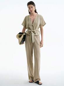 Aalyst Women's Casual V-Neck Button Decor Linen Patchwork Bodysuit - Apricot - View 4