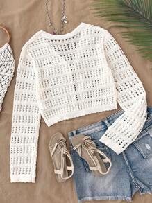 SHEIN Teens Girls' Apricot Casual Vacation Short Cropped Cardigan With Bow Accent, Textured Vintage Floral Lace, Oversized Long Sleeve, Can Be Worn Alone Or Layered, Suitable For Daily Wear, French & Korean Fashion Style, Back To School Teen Girl Clothes Sweaters Summer Clothes For Teens Sweater Beige Clothes For Teen Girls Tween Girl Clothes Sweaters Tie Front Sweater,In Fall/Winter