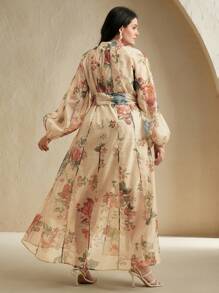 Anewsta Plus Size Boho Floral Print Long Dress With Extra Long Sleeves And Stand Collar - Apricot - View 2