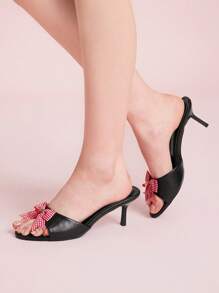 CUCCOO DOLLMOD Black PU + Red & White Plaid Bow Cherry Detail Stylish Cute Slip-On Closed Toe High Heel Sandals