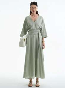 Aalyst Váy midi chữ A cổ chữ V bằng sợi tre màu trơn, thanh lịch, tối giản, cao cấp, đa năng, phù hợp cho văn phòng/đi làm/bãi biển/ngày lễ - màu xanh lá - Xem 5