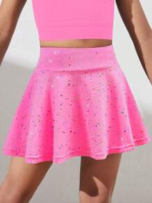 SHEIN Young Girls' Activewear Elastic Star Print Comfortable Breathable Dance/Yoga Skirt In Rose Red - Hot Pink - View 4