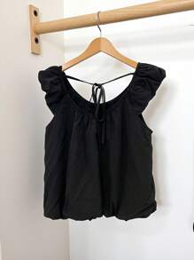 INAWLY Women Round Neck Puff Sleeve Backless Summer Casual Chic Solid Color Black Blouse, Going Out Top - Black - View 2