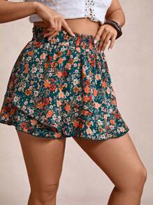 SHEIN VCAY 女式加大码节日花卉印花松紧腰宽松荷叶边下摆短裤夏季西部复古海滩度假乡村秋季教师复古女式波西米亚风 - 彩色 - 查看 6