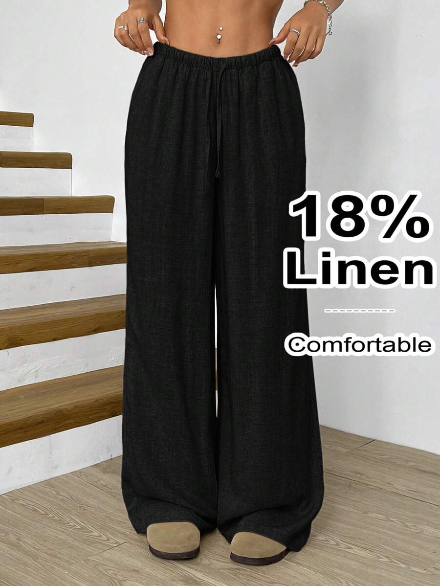 SHEIN EZwear Plus Size Solid Color Casual Knotted Wide Leg Pants, Wide Leg Linen Pants,Business Casual Woman - Black - View 1