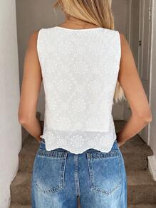 Easowa 休闲女式刺绣装饰圆领无袖短上衣，适合度假 - 白色 - 查看 2