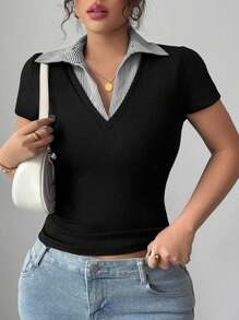 Elenzga 女士加大码优雅拼色领拼接修身弹力休闲百搭时尚设计短袖衬衫上衣，2025 年春夏新品 - 彩色 - 查看 7