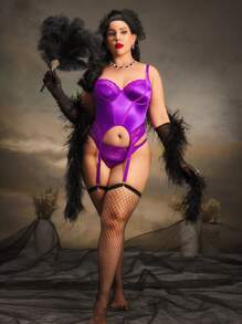 4 件加大码性感缎面蕾丝鱼骨开叉丁字裤，紫色和黑色，复古宫廷风内衣，狂野风 - 紫色 - 查看 3