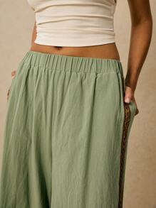 Poéselle 女式松紧腰刺绣口袋休闲阔腿裤