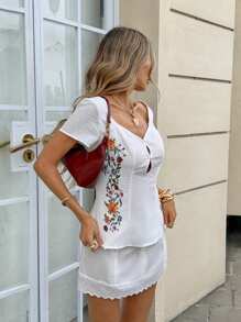 SHEIN Frenchy Áo sơ mi tay ngắn thêu hoa giản dị cho nữ mùa hè - trắng - Xem 5