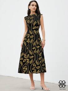Aveloria Modichic Elegante vestido de verano con escote redondo, silueta simple, estampado de hojas de árbol y cintura imperio para mujer