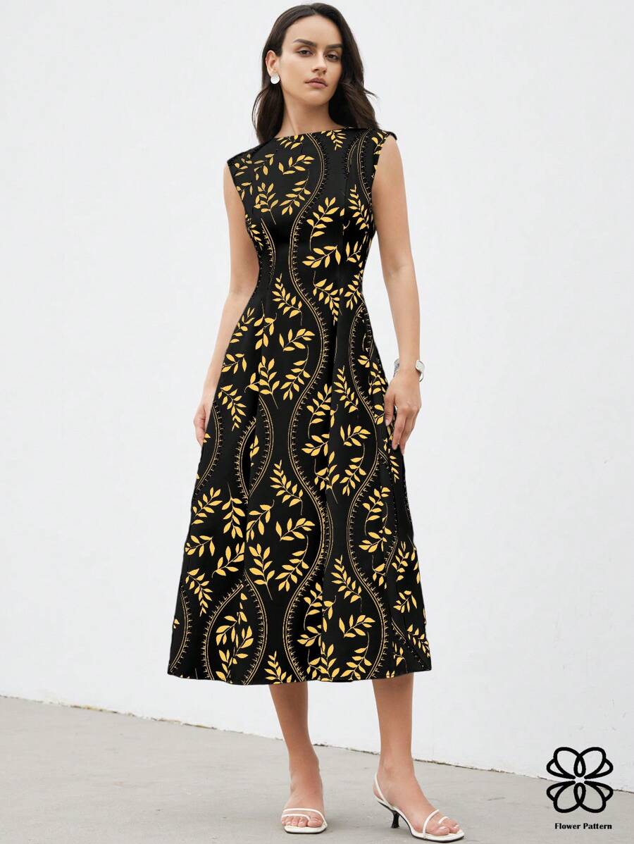 Aveloria Modichic Elegante vestido de verano con escote redondo, silueta simple, estampado de hojas de árbol y cintura imperio para mujer