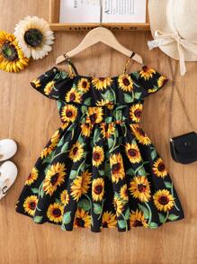 Vestido sin mangas con hombros descubiertos y estampado de flores de gasa para niñas jóvenes