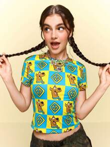 SCOOBY-DOO X SHEIN 女士紧身短款T恤，格子图案，狗狗图案，卡通图案，休闲，夏季